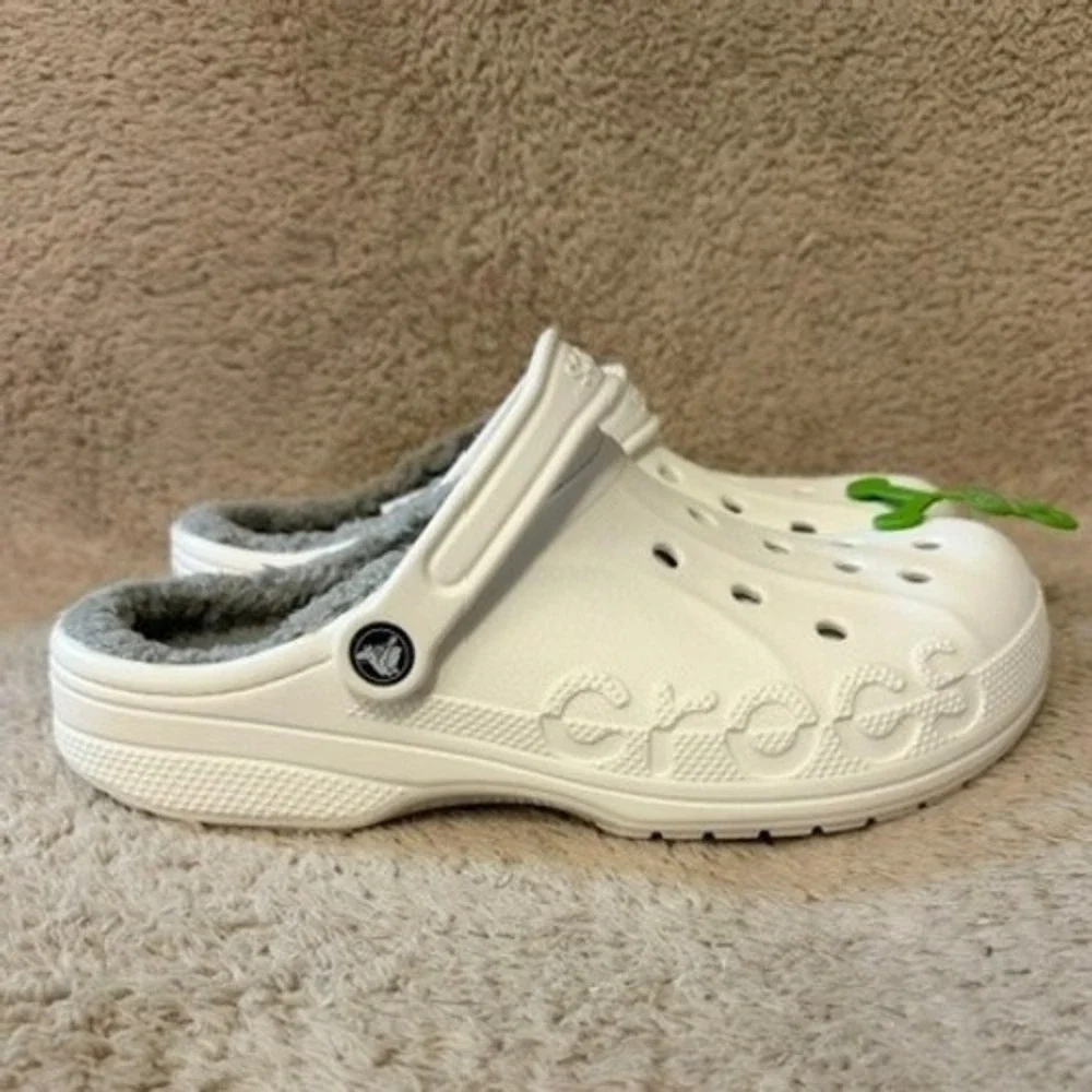 Crocs Baya‎ Lined Clogs White Grey Mens Size 10 Fleece Fur Slippers 205969-11H